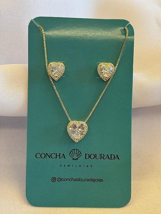 Conjunto Aline em formato de coração com zirconias - Banhado a Ouro 18k