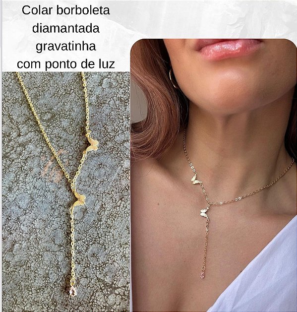 Colar Gravatinha borboletas - Banhado a Ouro 18k