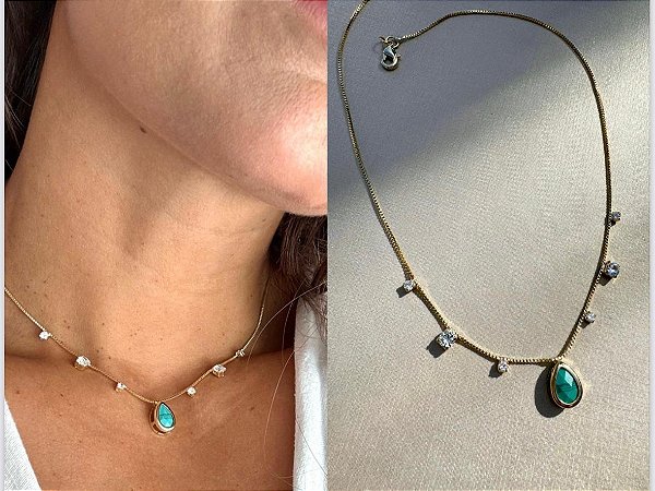 Choker com pedra azul tifanny delicado e zirconias de cristal - Banhado a Ouro 18k