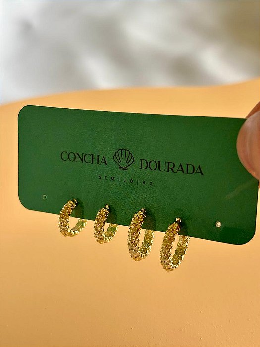 Trio de brincos Maria em argolinhas - Banhado a Ouro 18k