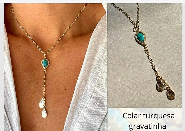 Colar gravatinha turquesa - Banhado a Ouro 18k