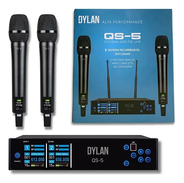 MICROFONE SEM FIO DYLAN QS-5 UHF COM 200 CANAIS ACOMPANHA 2 BASTOES