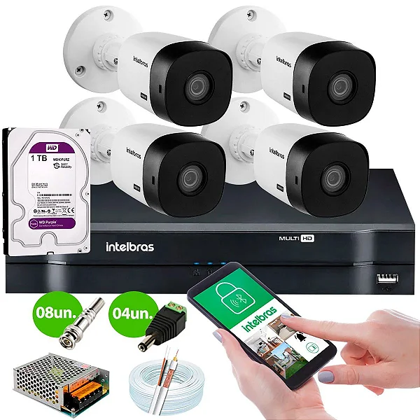 Kit c/ 4 Câmeras HD 720p 20m Infravermelho VHL 1120 B + DVR 1204 + HD 1TB para Armazenamento - Intelbras