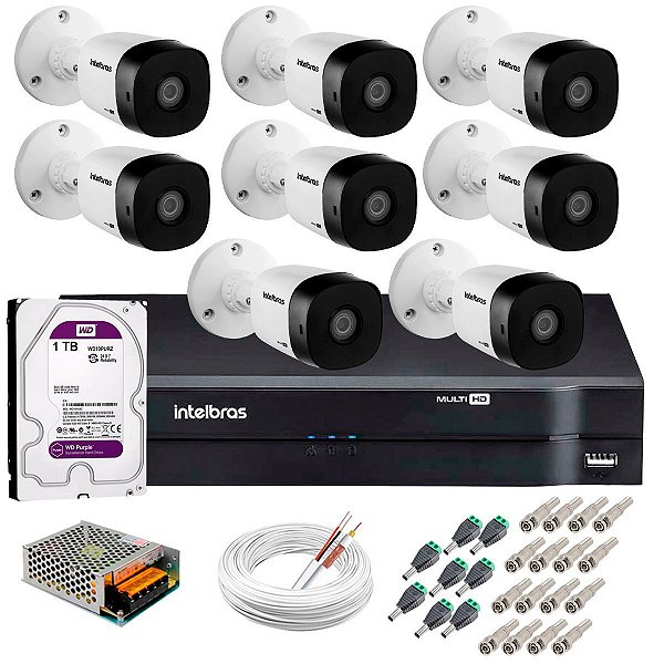 Kit c/ 8 Câmeras VHD 1120 B 20m + DVR Intelbras + HD 1TB para Armazenamento + Acessórios - Intelbras