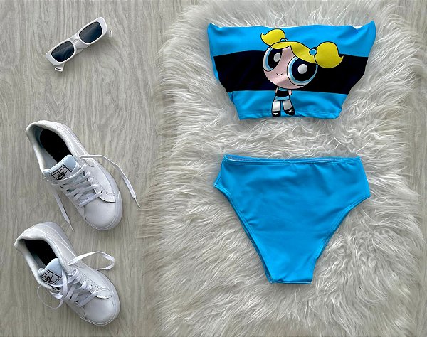 CONJUNTO HOT PANT MENINAS SUPER PODEROSAS AZUL- LINDINHA