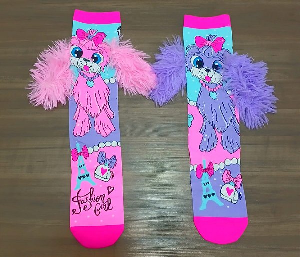MEIA MALUCA 3D DIVERTIDA - CACHORRINHO ROSA/LILAS