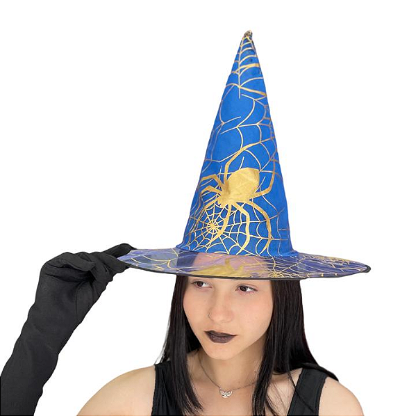 CHAPEU BRUXA AZUL ESTAMPA TEIA
