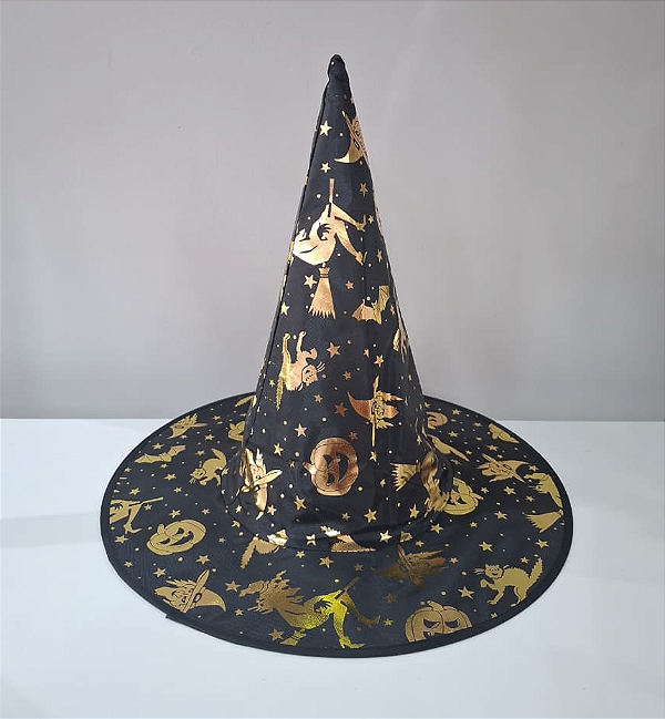 CHAPEU BRUXA ESTAMPA BRUXINHA DOURADA