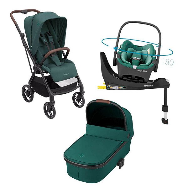 Carrinho com Bebê Conforto Travel System Leona² com Isofix + Moisés Oria Maxi-Cosi Essential Green