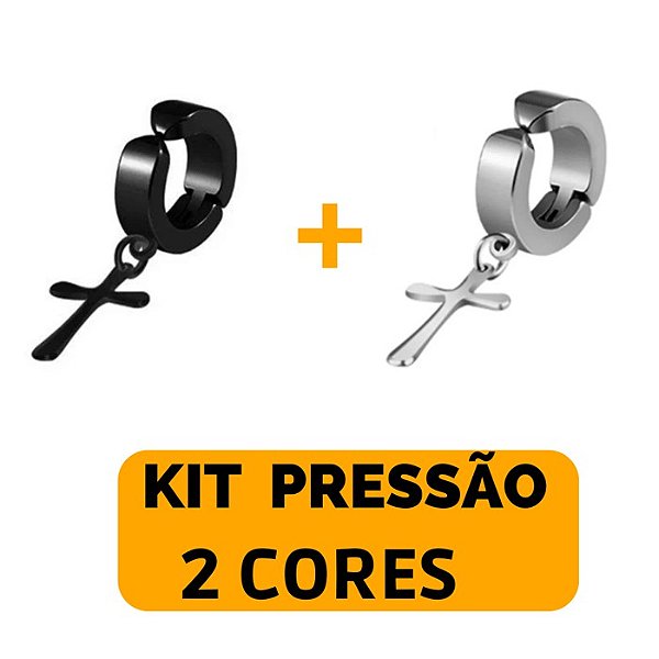 Kit Brinco Argola Masculino Feminino Pressão Pingente Cruz Preto Prata Aço Inox - 2 Cores