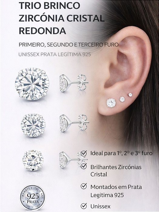 Kit Trio Brinco Feminino Prata 925 Maciça Zircônia Redonda 2 3 e 4mm