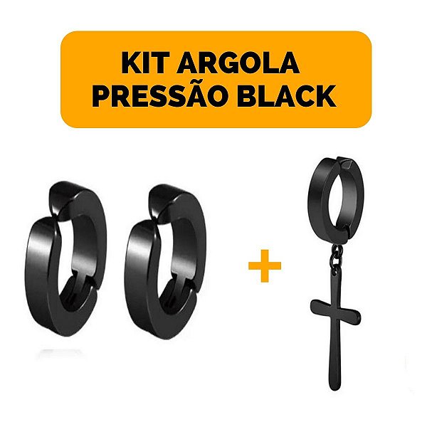 Kit Brinco Masculino Pressão Aço Argola Preta com Cruz - VISUJÓIAS