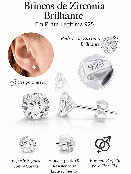 Brinco Unissex Prata Legítima 925 Zircônia 4mm Pequeno Brilhante