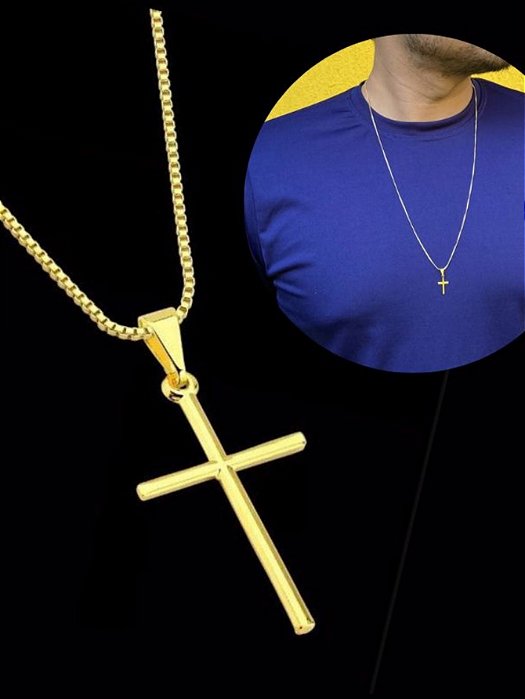 Corrente Masculino 70cm Longo Fino Veneziana Pingente Cruz Crucifixo Pequeno Banhado Ouro Dourado
