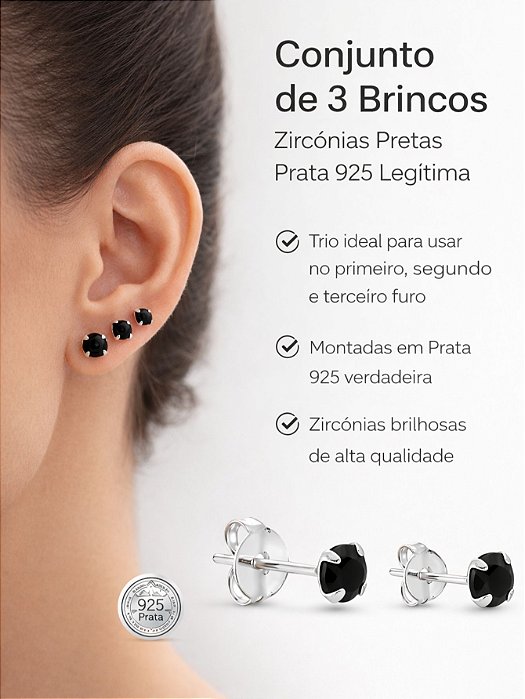 Kit Trio Brinco Feminino Prata 925 Zircônia Redonda Preta 3mm\ 4mm\ 5mm