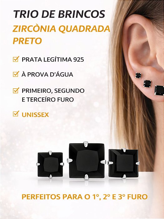 Kit Trio Brinco Feminino Prata 925 Zircônia Quadrada Preta 3mm\ 4mm\ 5mm