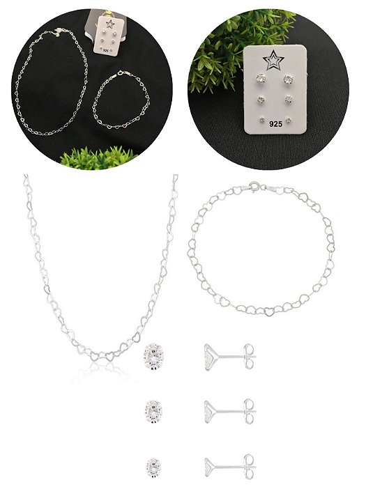 Kit Colar Choker 50cm + Pulseira Elo Corações + Trio Brinco Zircônia Prata 925 Legítima Feminina