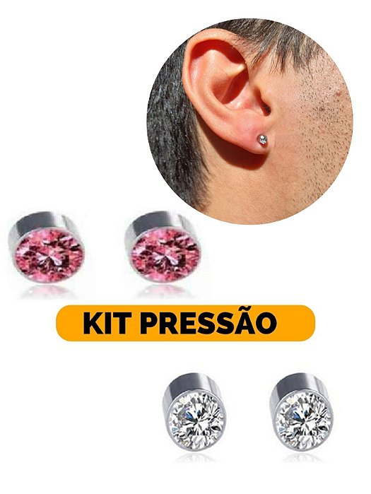 Kit Brinco Pressão Magnético Ímã Masculino Feminino Rosa Cristal 4mm Aço Inox