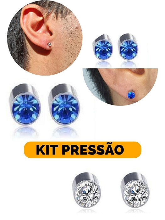Kit Brinco Pressão Magnético Ímã Masculino Feminino Azul Cristal 4mm Aço Inox