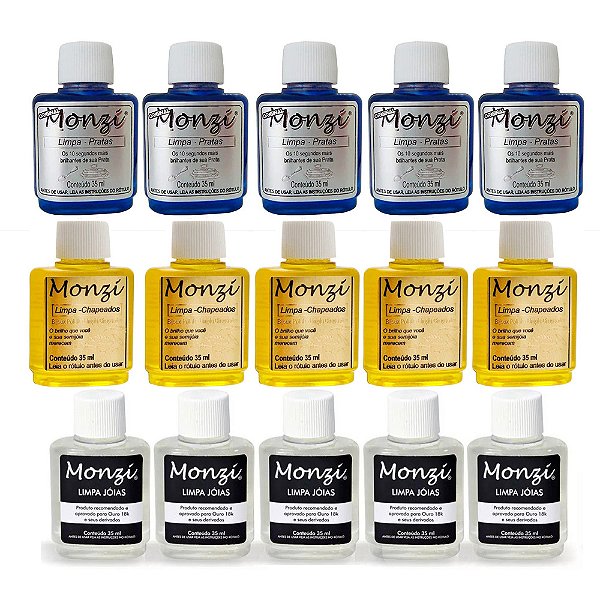 Kit 9Un Limpa Jóias Ouro 18K Prata 925 Chapeados Monzi 35ml Liquido Atacado Revenda