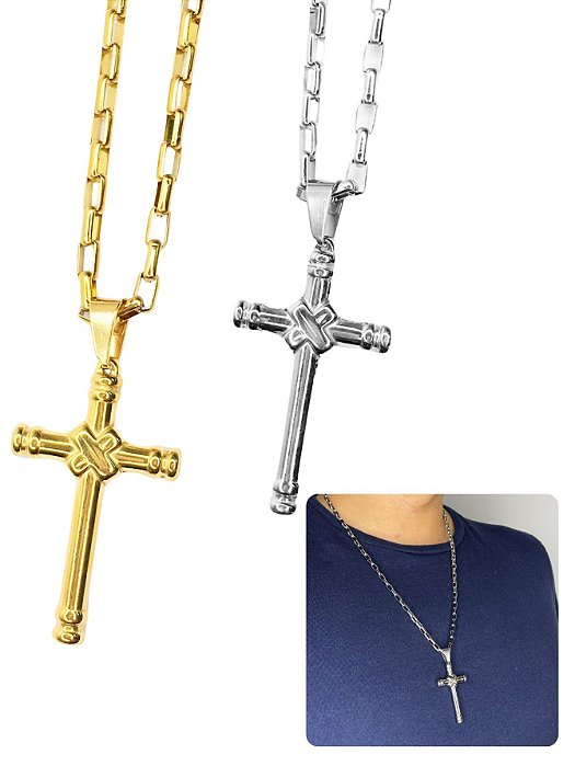 Corrente Cordão Tijolinho Elo Quadrado 6mm 60cm Prata Dourado Pingente Cruz Grossa Aço Inox