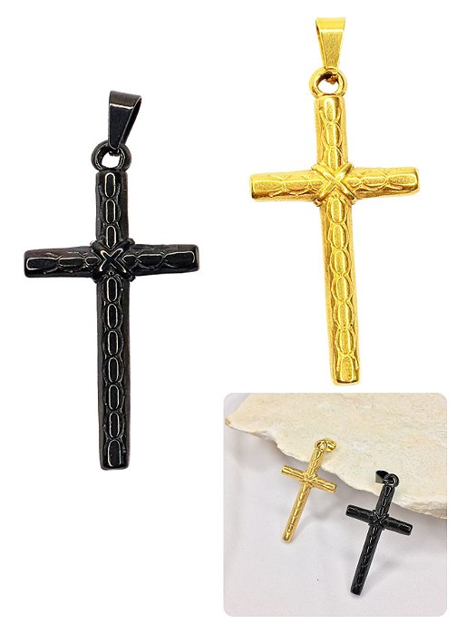 Pingente Masculino Cruz Grande Preto Dourado Aço Inox Prova D'Água