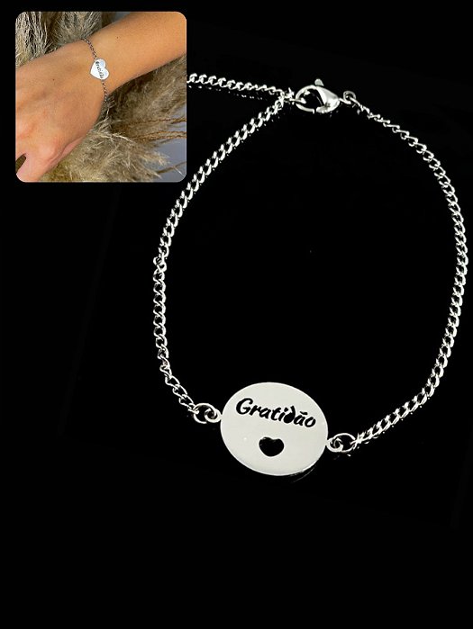Pulseira Feminina Delicada Prata Gratidão Minimalista Aço Inox Prova D'Água