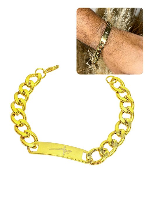 Pulseira Masculina Dourada Grumet Grossa Placa Escrito FÉ Aço Inox Antialérgico Prova D'Água