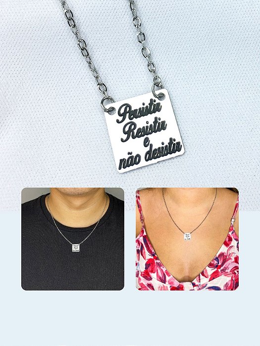 Colar Cordão Feminino Masculino Escrito Persistir Resistir e Não Desistir Prata Aço Inox Motivação