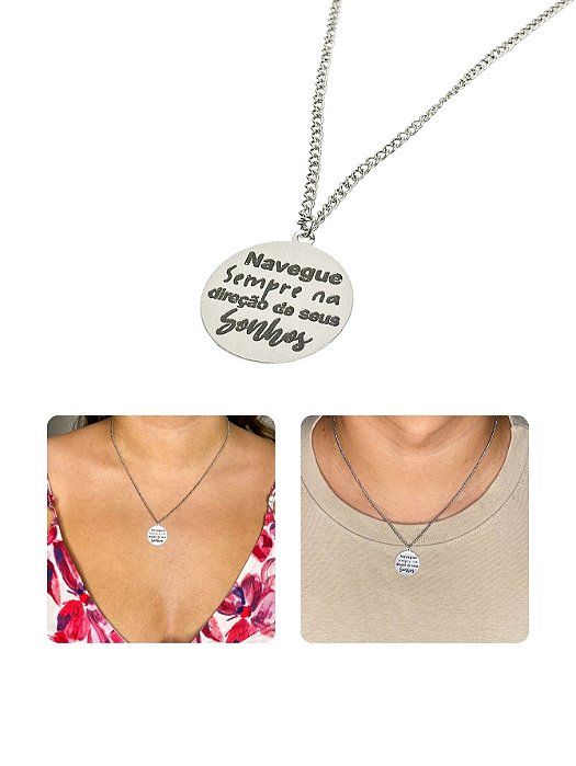 Colar Cordão Unissex Feminino Escrito Navegue Sempre Na Direção Dos Sonhos Prata Aço Inox