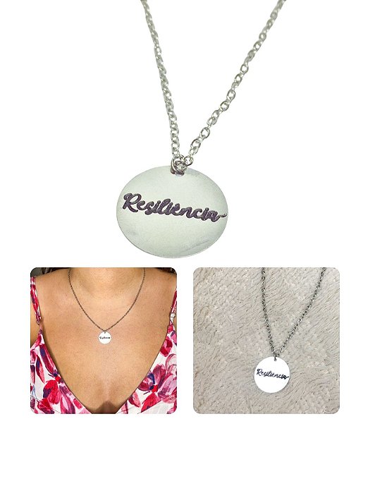 Colar Cordão Unissex Feminino Escrito Resiliência Prata Aço Inox Antialérgico