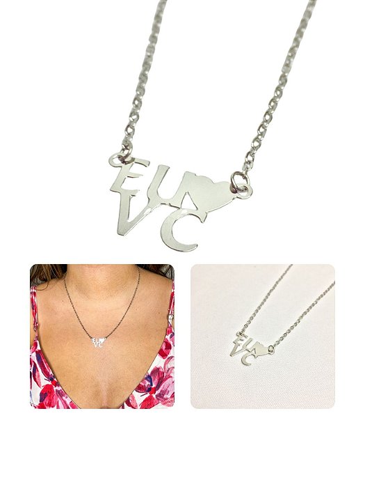 Colar Cordão Unissex Feminino Escrito Eu&Vc Coração Amor Aço Inox Antialérgico