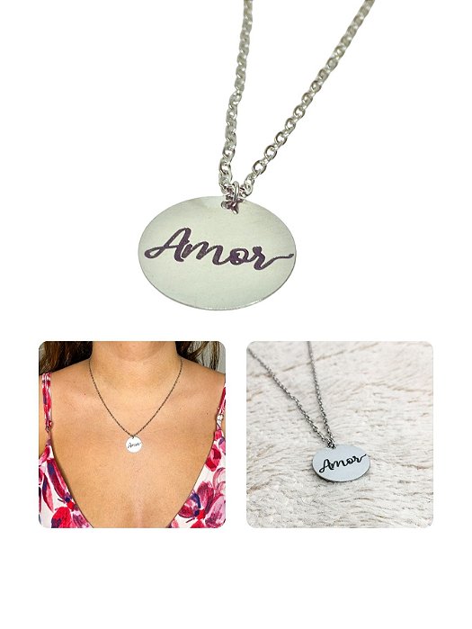 Colar Cordão Unissex Feminino Escrito Amor Prata Aço Inox Antialérgico