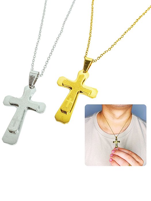 Cordão Corrente 50cm Pingente Cruz Crucifixo Reza Pai Nosso Prata Dourado Aço Inox