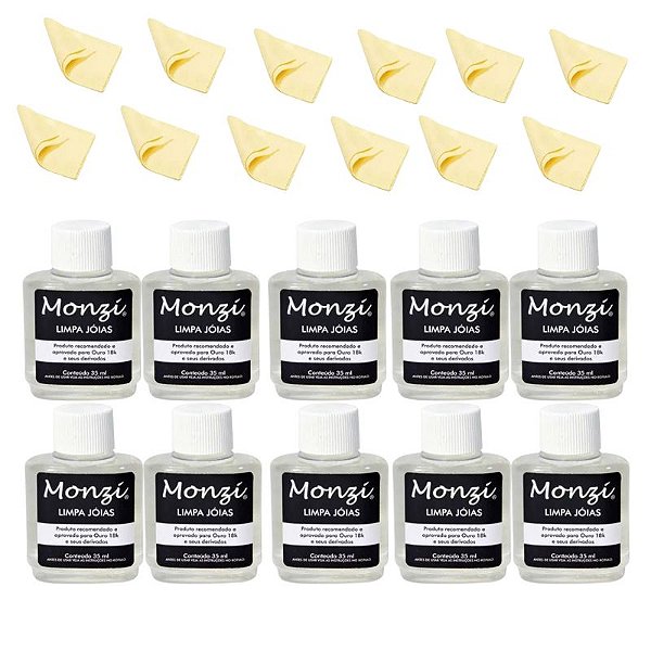 Kit 10 Limpa Jóias Ouro Monzi 35ml+10 Flanela Mágica Atacado Revenda