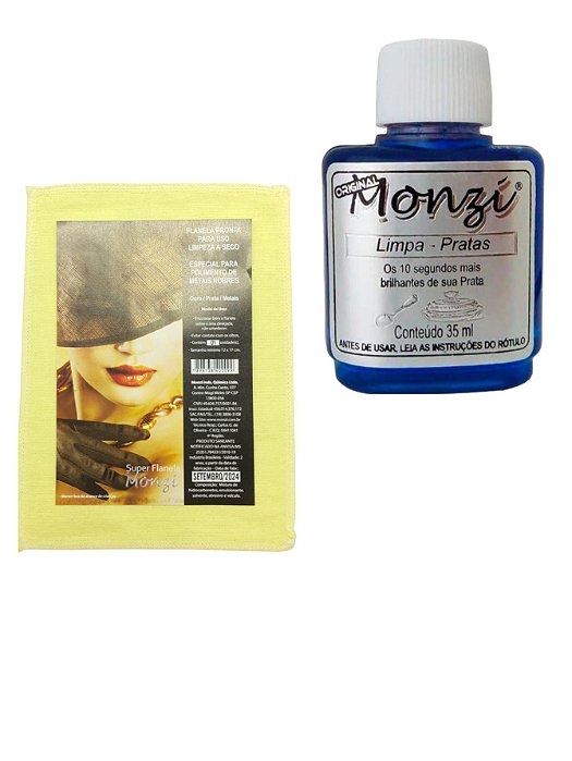 Kit 1 Limpa Pratas Monzi Azul 35ml + 1 Flanela Mágica Oficial Monzi Polimento Brilho Jóias