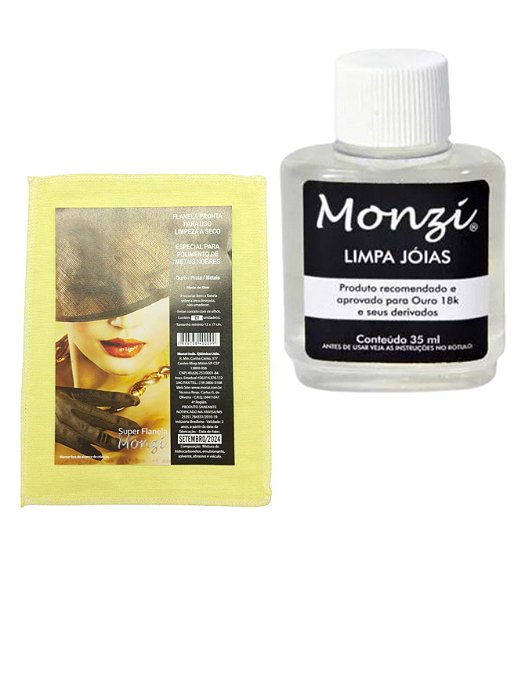 Kit 1 Limpa Jóias Ouro Aliança Monzi 35ml +1 Flanela Mágica 12cm x 17cm Original Polimento Brilho