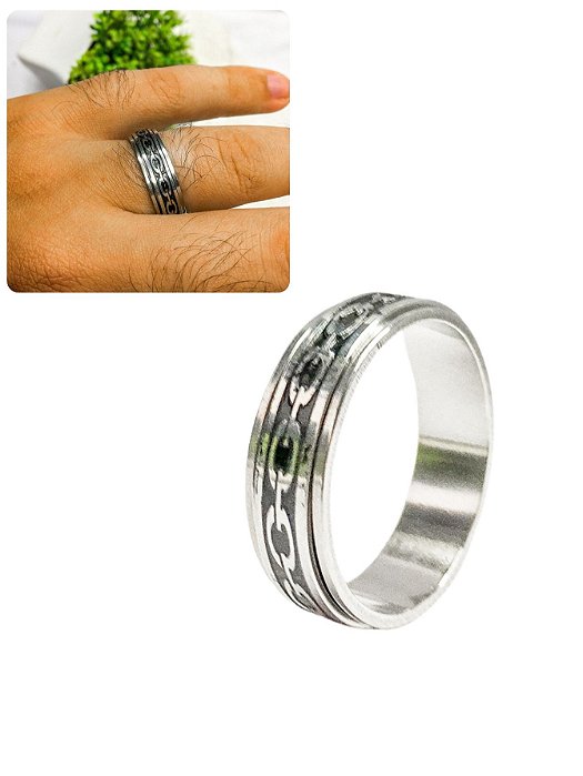 Anel Dedeira 7mm Masculino Giratório Prateado Preto Corrente Básico Aço Inox
