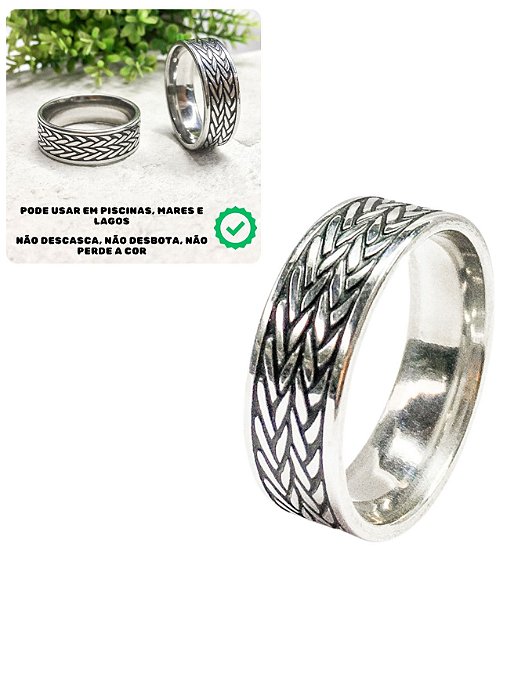 Anel Dedeira 7mm Masculino Prateado Preto Pena Folha Minimalista Elegante Básico Aço Inox