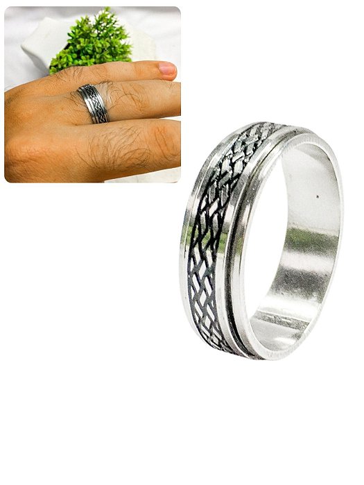 Anel Dedeira 7mm Masculino Prateado Preto Detalhado Minimalista Elegante Básico Aço Inox