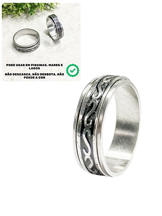 Anel Dedeira 7mm Masculino Prateado Preto Desenhos Egípicios Minimalista Elegante Básico Aço Inox