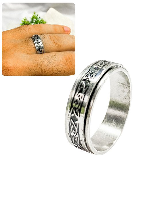 Anel Dedeira 7mm Masculino Prateado Preto Desenhos Runas Minimalista Elegante Básico Aço Inox