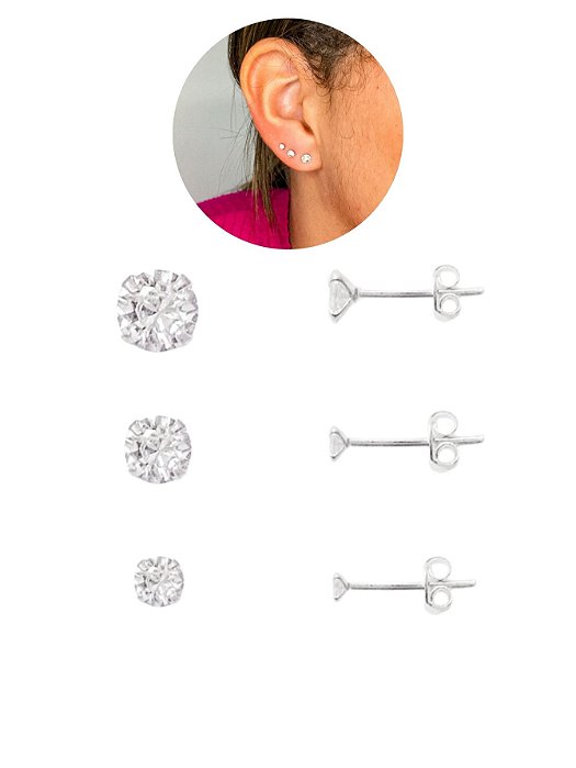 Kit Trio Brinco Ponto Luz Redondo Pedra 2mm 3mm 4mm Delicado Brilhante Aço Inox Antialérgico