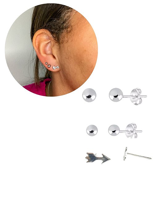 Kit Trio Brinco Feminino Bolinha Lisa Seta Delicado Minimalista Aço Inoxidável Prova D'Água
