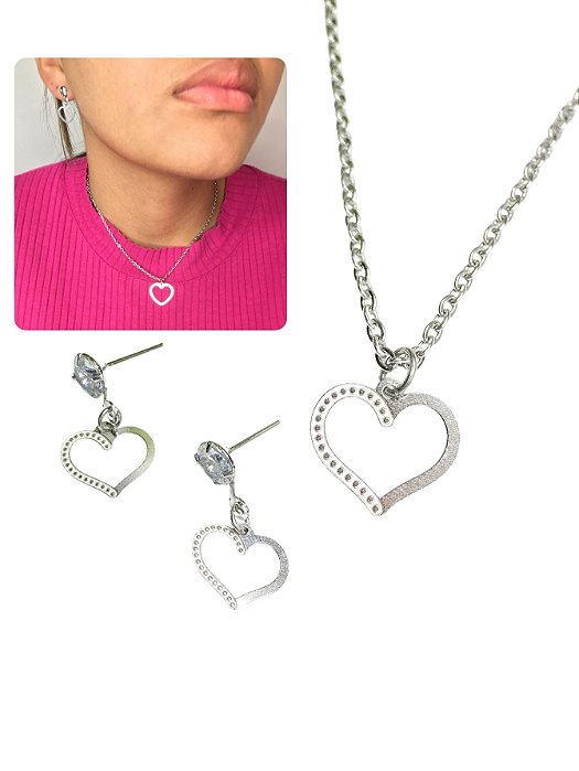 Conjunto Colar e Brinco Feminino 45cm Coracão Vazado Craquelado Prata Minimalista Básico Aço Inox