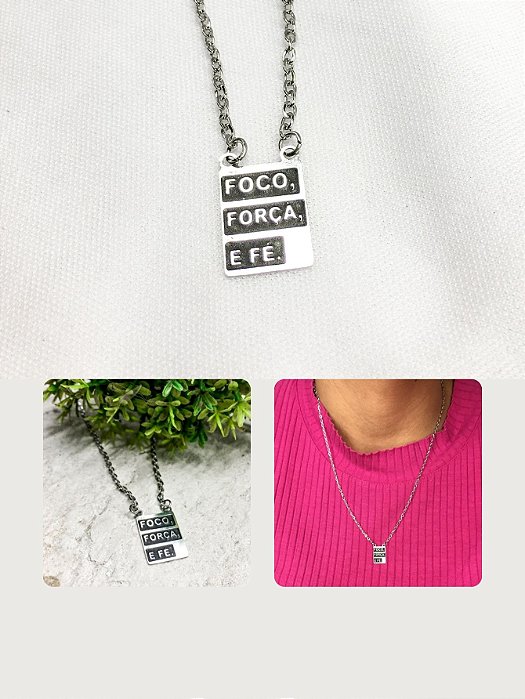 Colar Unissex 50cm Frase Motivacional Foco Fé Força Prata Aço Inox Prova D'Água