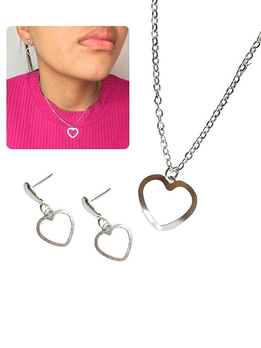 Conjunto Colar e Brinco Feminino 45cm Coracão Vazado Borda Grossa Prata Minimalista Básico Aço Inox