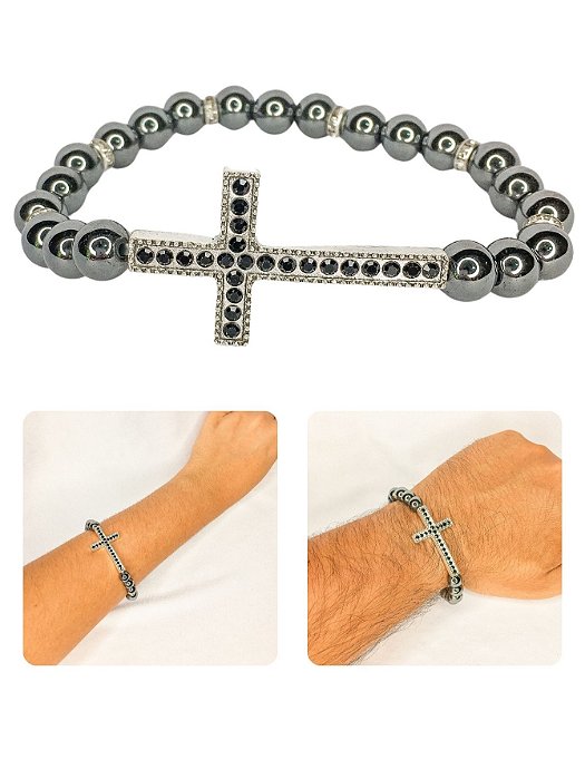 Pulseira Unissex Ajustável Hematita Opala Onix Cruz Cravejada Amuleto Fé Coragem Força