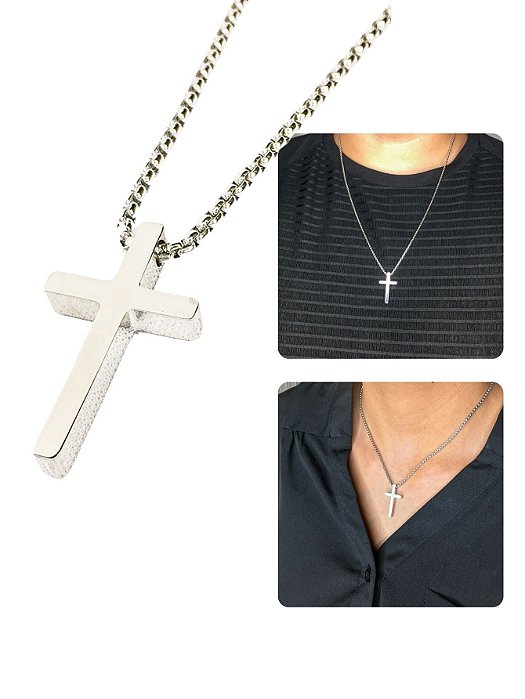Corrente Cordão Colar Masculino Feminino 60cm Fino 2mm Crucifixo Cruz Pequena Prata Aço Inox