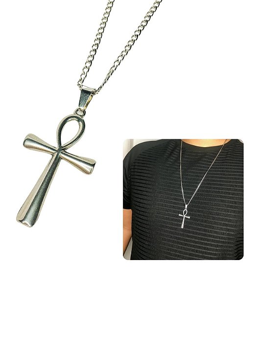 Cordão Masculino 70cm Grumet Fino 2mm Pingente Cruz Egípcia Prata Aço Inox